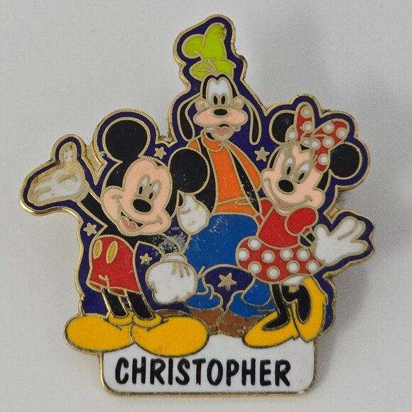 Vintage Disney Pin Mickey Goofy Minnie Personalized "Christopher" Badge - Picture 2 of 7